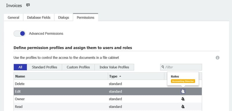 To read and edit documents in the invoice file cabinet, the Accounting Director receives the standard profiles "Edit" and "Read"
